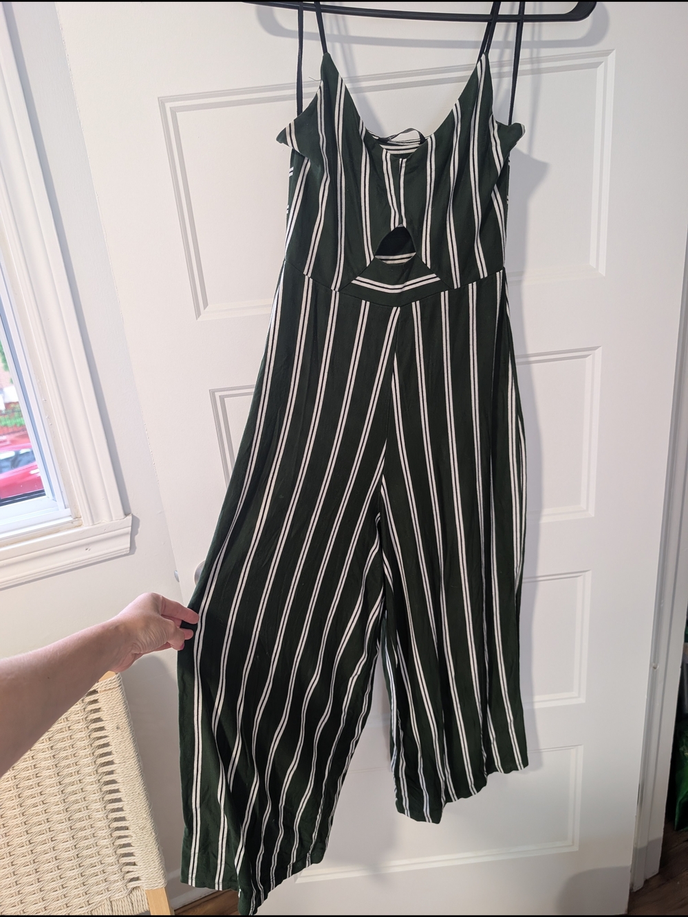 Stradivarius Dark Green and White Striped Cutout Wide-Leg Jumpsuit